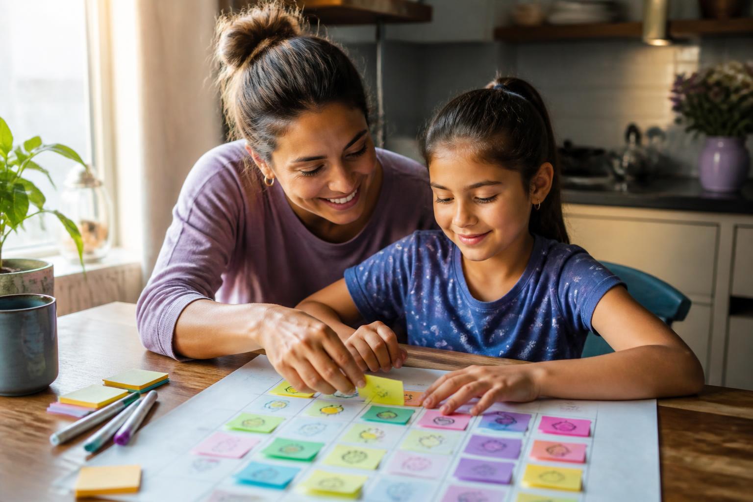 A parent and child building a weekly visual schedule together at a sunlit kitchen table